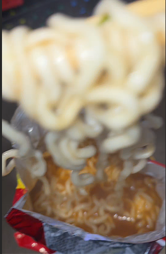 A finished bboggeul-i — Korean ramyun cooked and eaten straight out of the bag