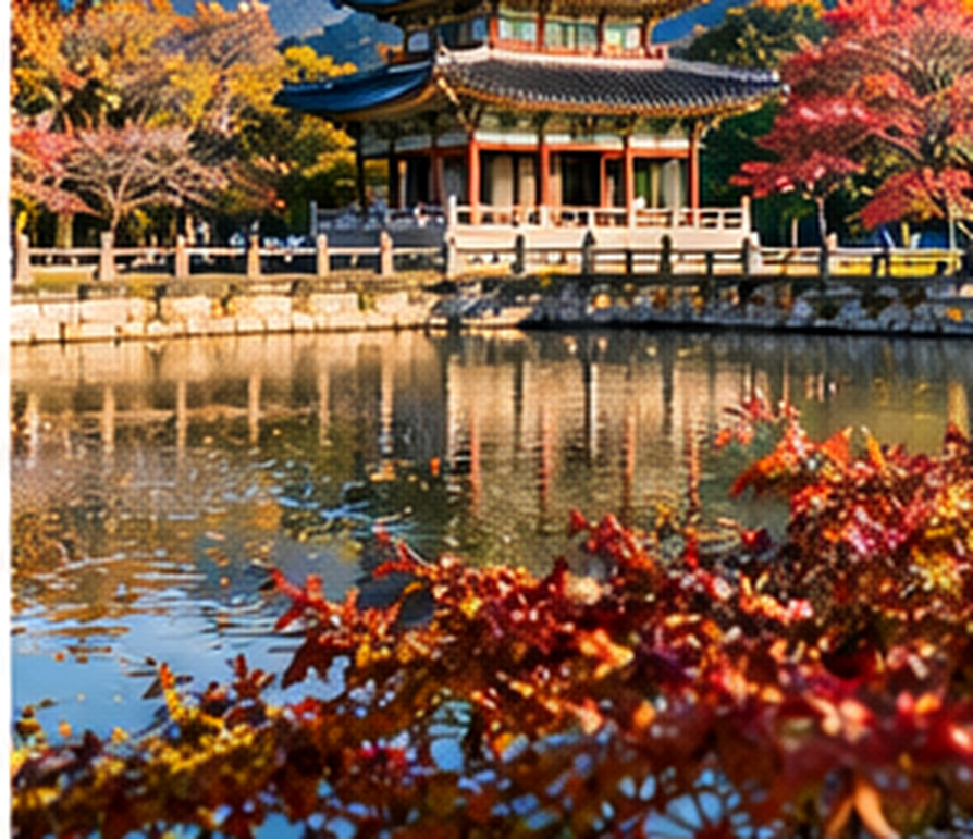 AI-generated editorial landscape suggesting a historic Korean pavilion in an autumn garden; not a location-verified photo.