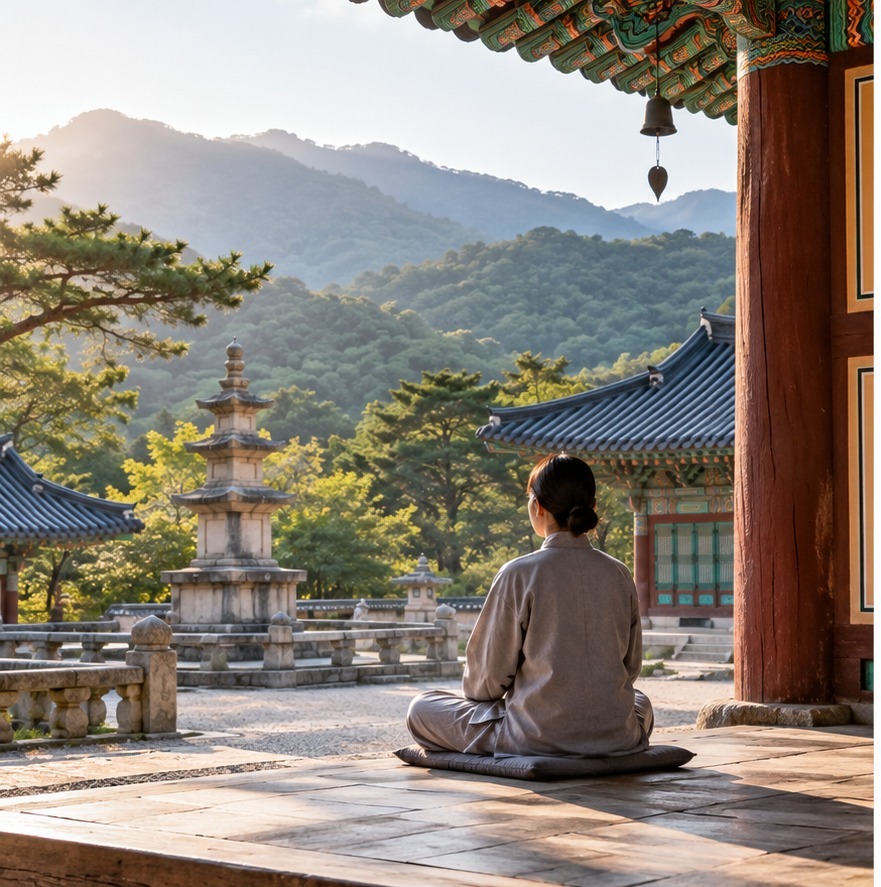 AI-generated editorial visual of Seoul palace architecture with a city backdrop, conceptual and not documentary photography.