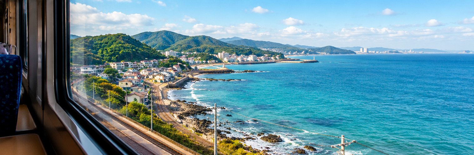 AI-generated coastal editorial image suggesting Busan with sea, city and transport; not documentary photography.