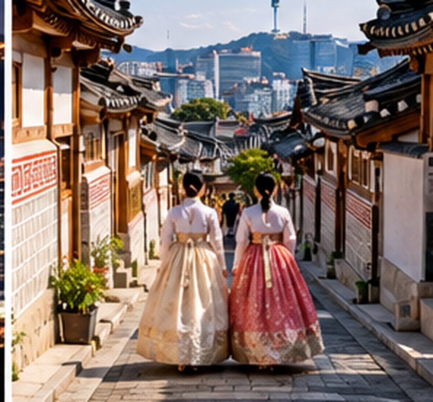 AI-generated editorial-style image of traditional Seoul rooftops and skyline, not a verified photograph of any specific address.