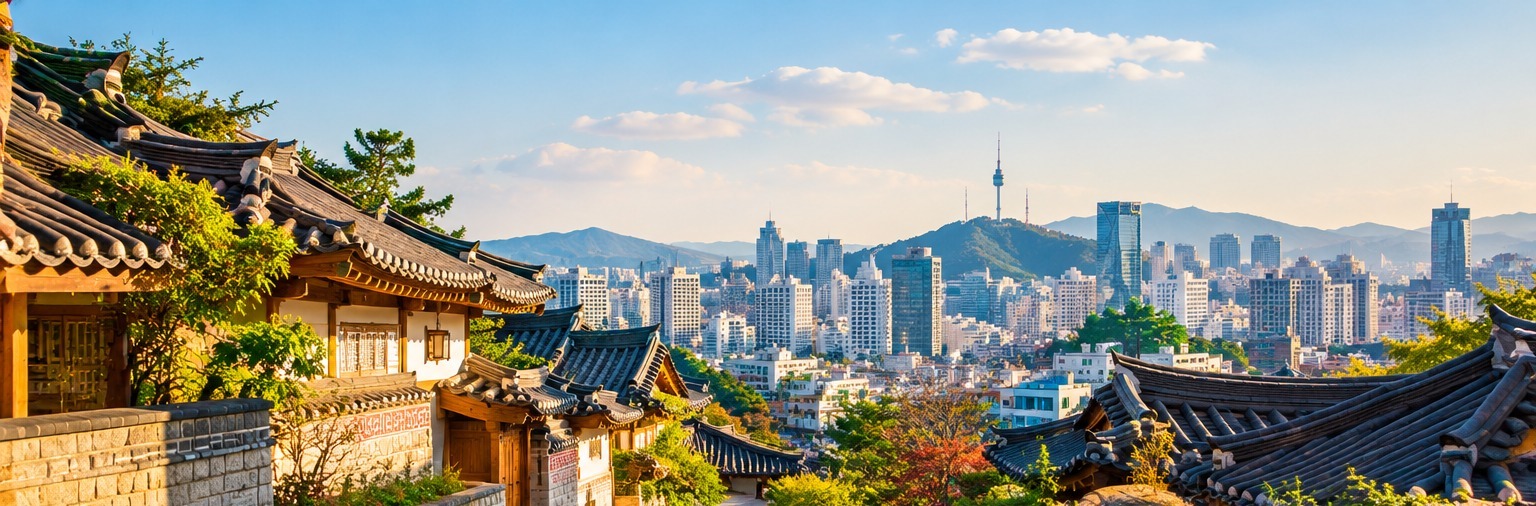 AI-generated editorial visual of a traditional Seoul skyline scene, used as a conceptual seasonal travel image for Korea.