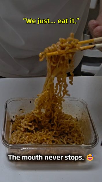 Chopsticks lifting a tangle of Buldak noodles, illustrating eating without stopping