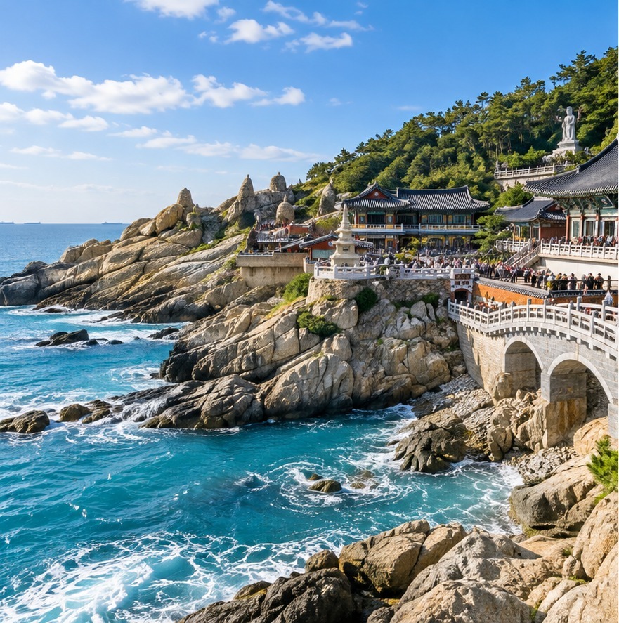 AI-generated editorial visual of a dramatic Korean coastal temple scene, conceptual and not documentary photography.
