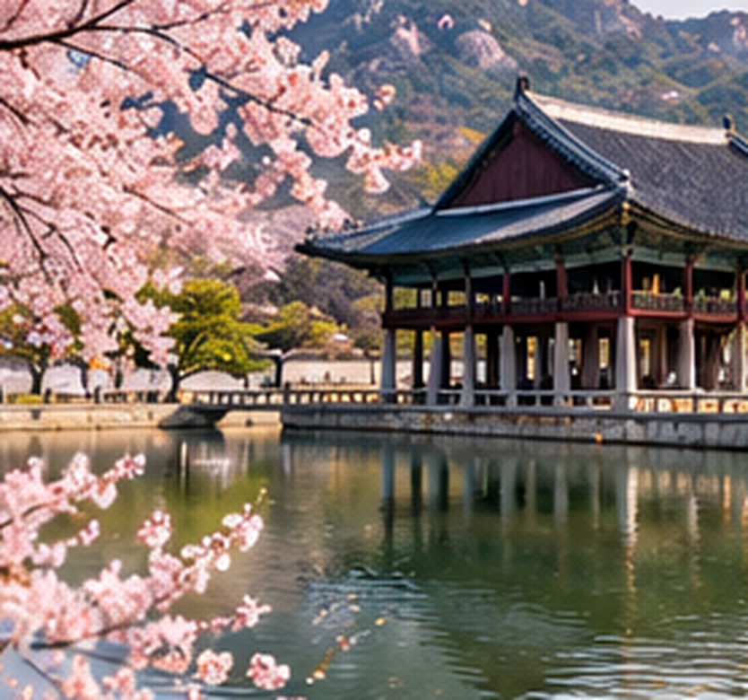 AI-generated editorial spring image of flowering cherry branches and Korean architectural scenery; not a verified bloom report.