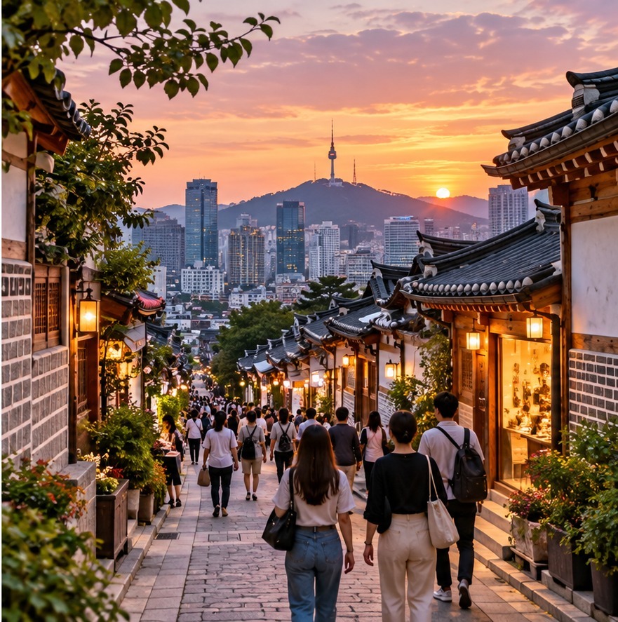 AI-generated editorial visual of visitors in hanbok at a palace courtyard, conceptual and not documentary photography.