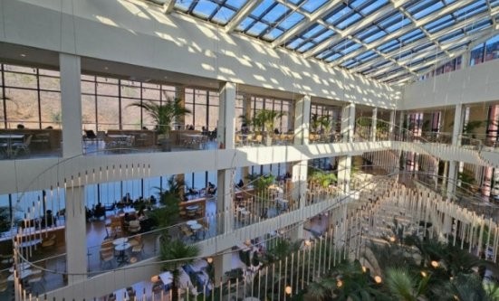 Inside HUTAN, a destination café outside Seoul, with palms and floor-to-ceiling windows