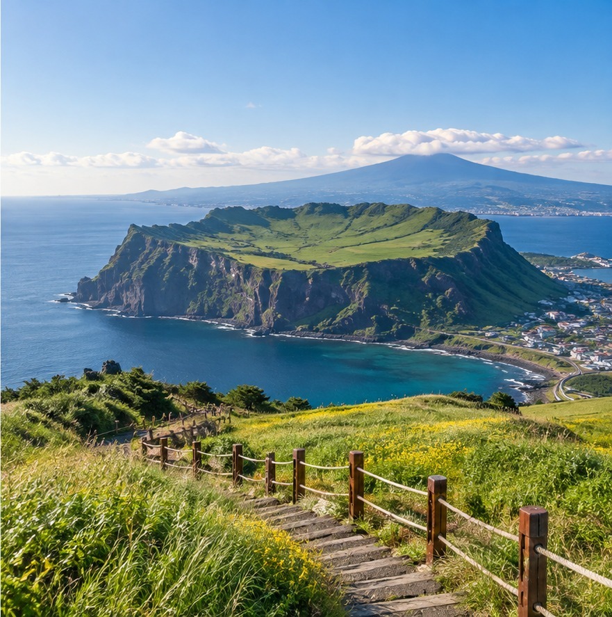 AI-generated editorial visual of a Jeju volcanic coastal landscape, conceptual and not documentary photography.