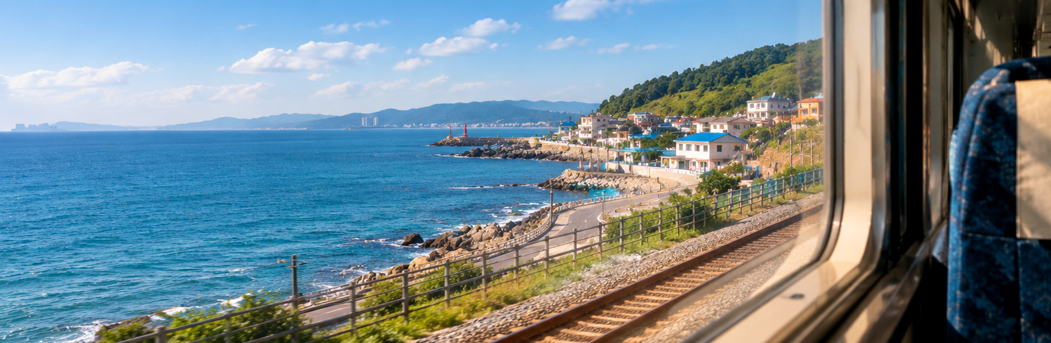 AI-generated coastal landscape with blue sea and rugged hills, a conceptual Jeju travel visual.