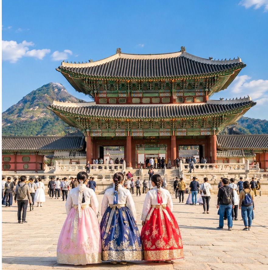 AI-generated editorial visual of a family walking near a Korean palace, conceptual and not documentary photography.