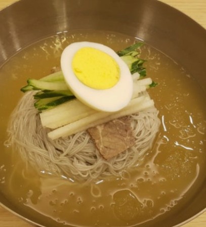 A bowl of mul naengmyeon — Korean cold noodles in icy beef-and-radish broth, topped with sliced beef, cucumber, and half a boiled egg