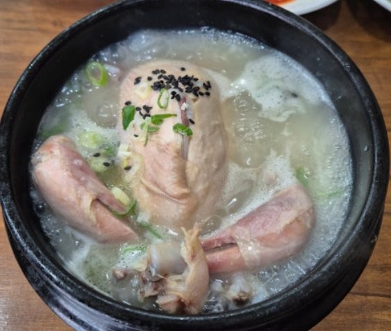 A boiling-hot stone bowl (ttukbaegi) of samgyetang — Korean ginseng chicken soup