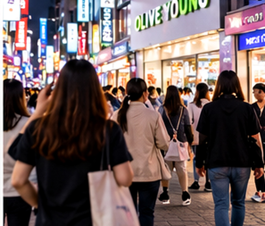 AI-generated editorial visual of a lively Seoul shopping street; storefronts and signage are conceptual, not verified real businesses.