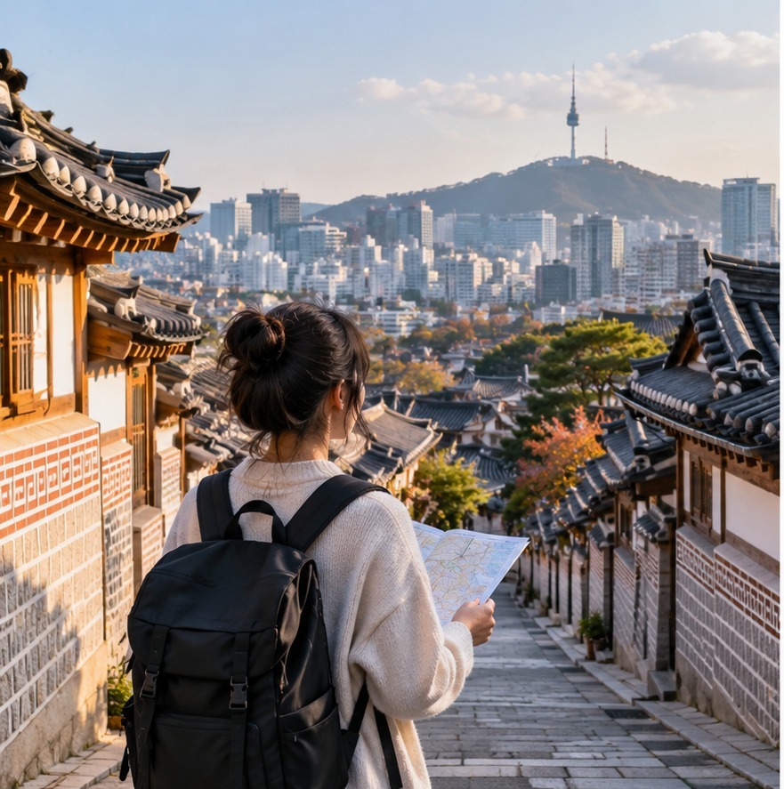 AI-generated editorial visual of a solo traveler in a Seoul hanok neighborhood, conceptual and not documentary photography.