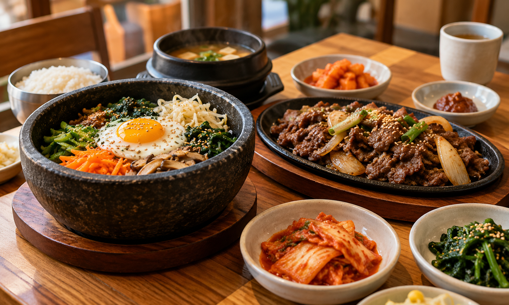AI-generated editorial visual of a beginner-friendly Korean meal spread with bibimbap, bulgogi, kimchi, soup, rice, and side dishes