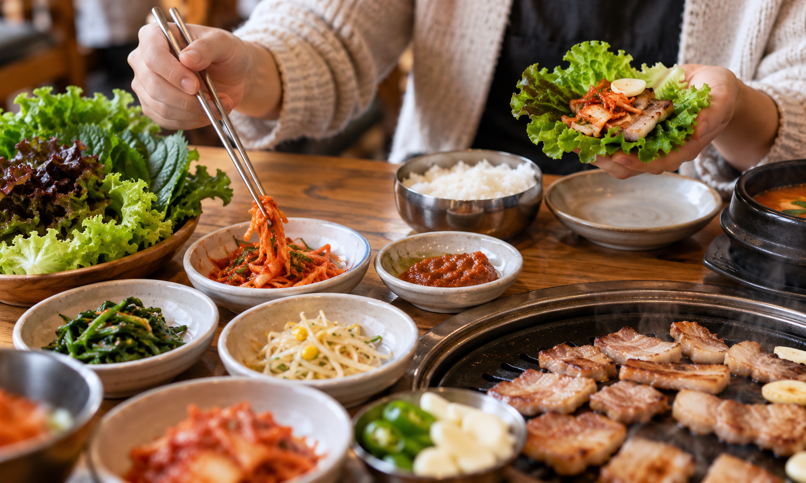 AI-generated editorial visual of a Korean barbecue table with lettuce wraps, grilled pork, rice, and side dishes